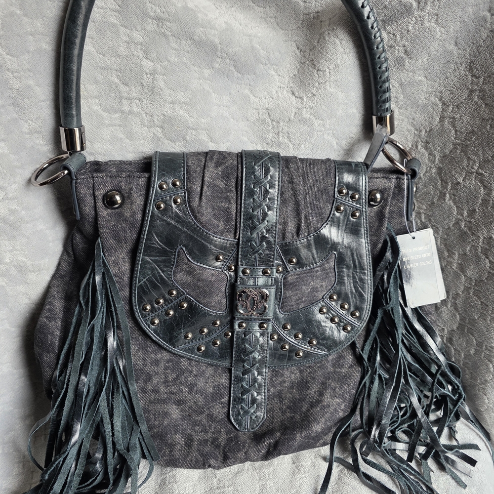 Sharif Vintage Black Leather And Denim Studded Women's Bag NEW